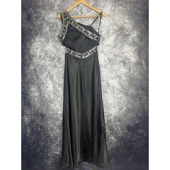 Mxi Dress Women 7 / 8 Black Beaded Asymmetrical Satin Gatsby Formal Regency Lux - Picture 12 of 12